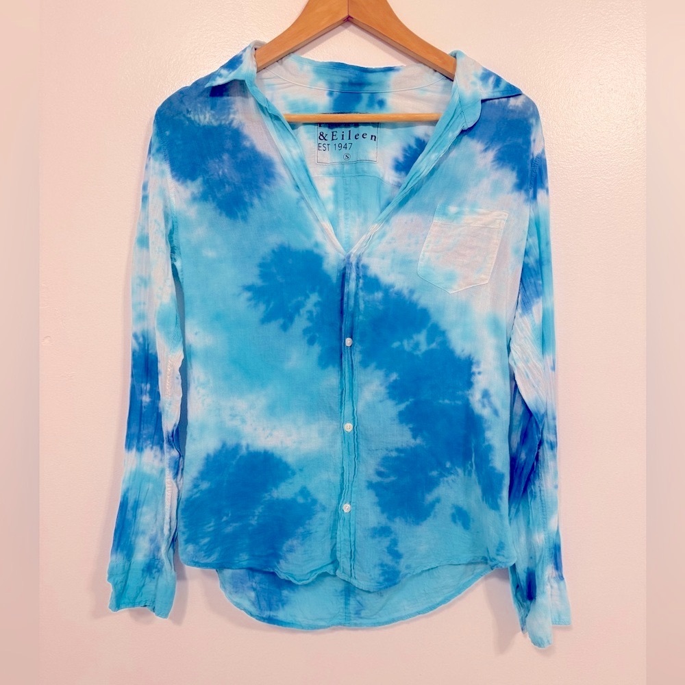 Frank and Eileen Barry Button Up Shirt Blue White Tie Dye Cotton S